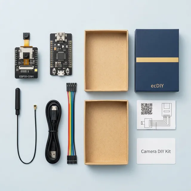 Camera DIY kit laid out flat: ESP32-CAM board, USB programmer base, custom case, antenna and guide card