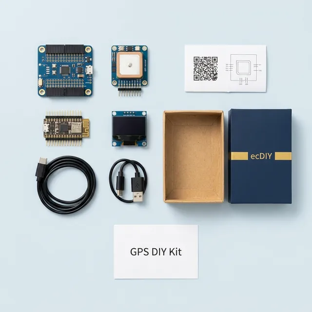 GPS DIY kit laid out flat: carrier board, ESP32-C3, GPS module, OLED and guide card