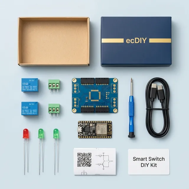 Smart switch DIY kit laid out flat: carrier board with two relays, ESP32-C3, screwdriver and guide card
